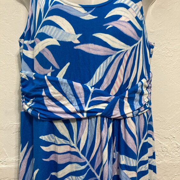 Soma Soft Bra Dress Sleeveless Blue Palm Pockets Wrap Waist Resort Knee Length L - Picture 6 of 11